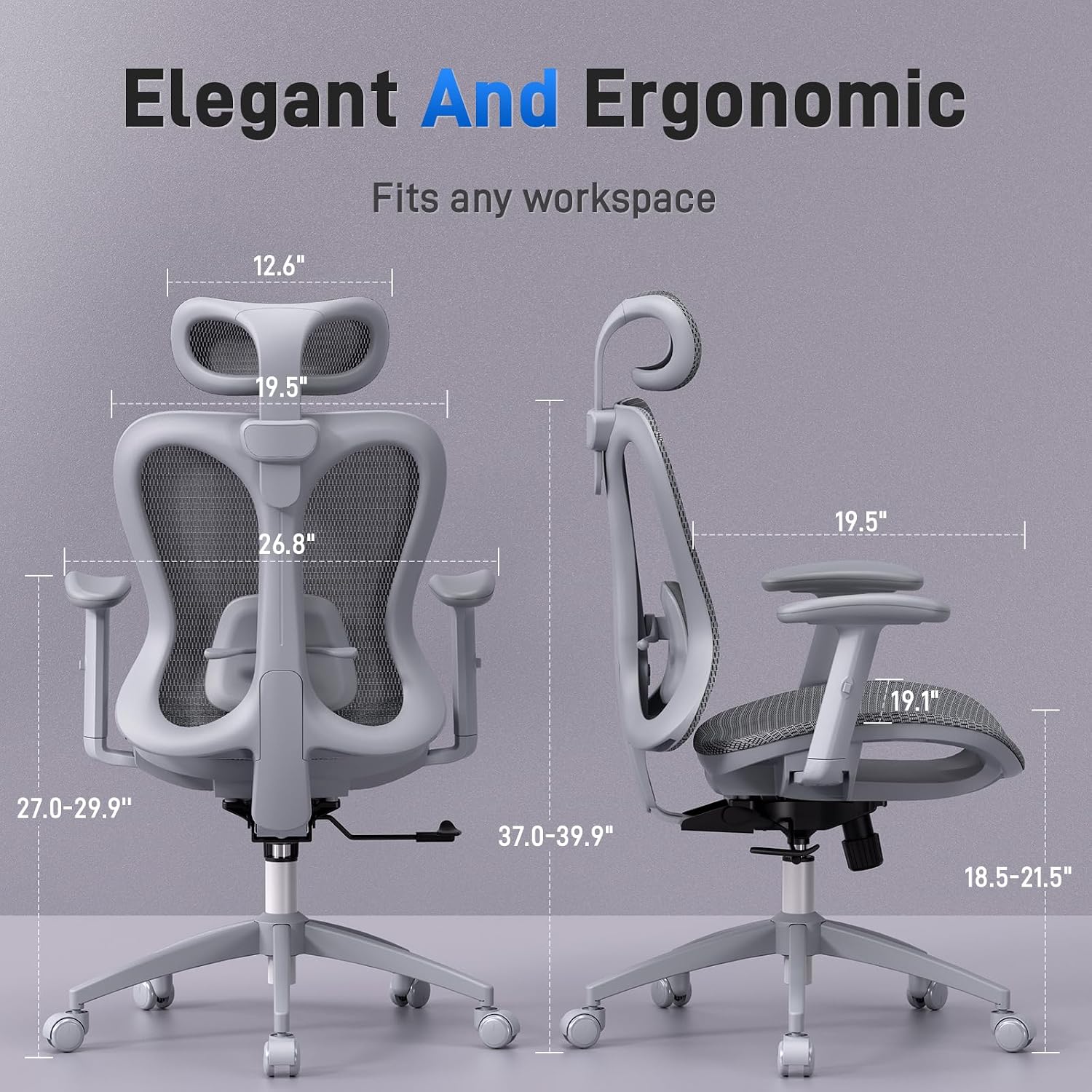 amseatec Ergonomic Office Desk Chair, Comfortable Computer Gaming Chair, Breathable Mesh Back & Seat, Adjustable Armrest & Headrest, Lumbar Support, Butterfly Design for Home Office, Gray