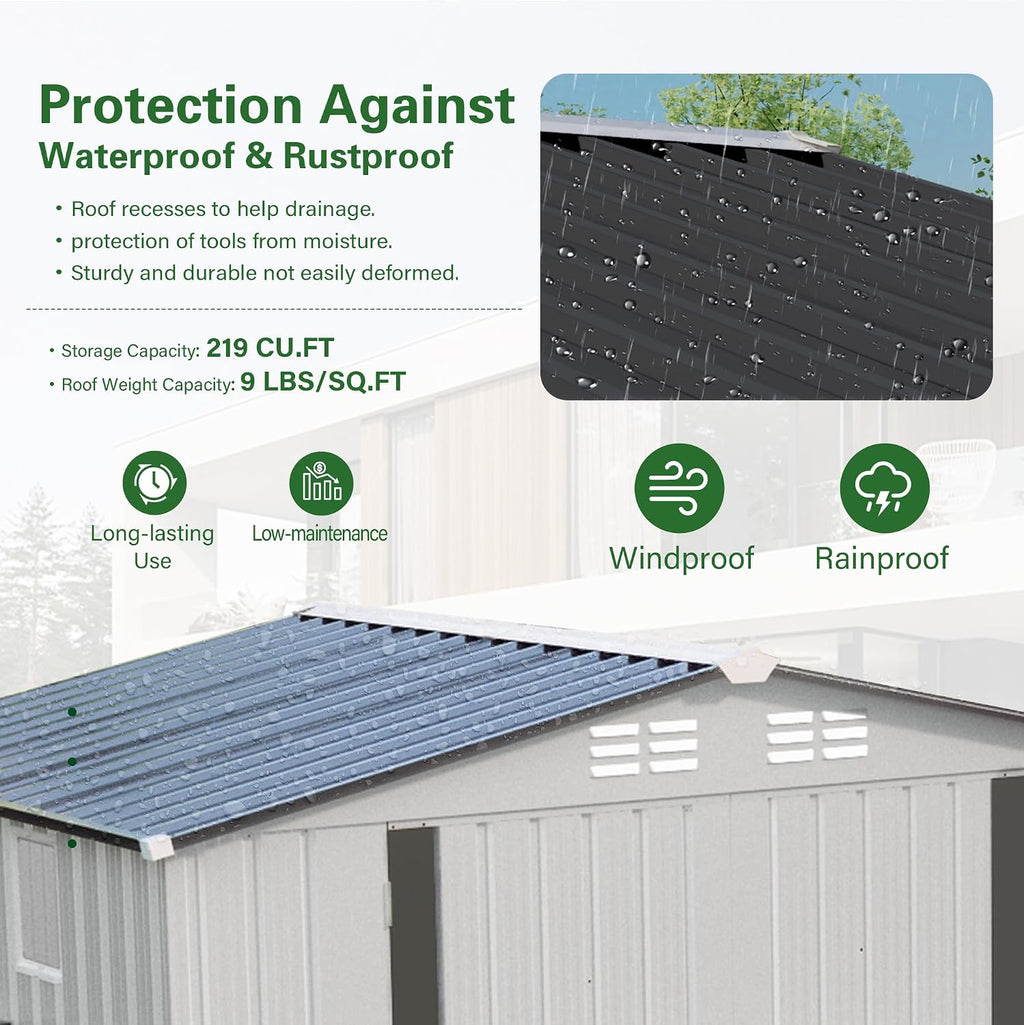 8 x 6 FT Outdoor Storage Shed, Metal Garden Tool Shed with Slooping Roof, Lockable Doors and Aluminum Frames, Easy to Assemble for Garden, Patio, Lawn, White+Black