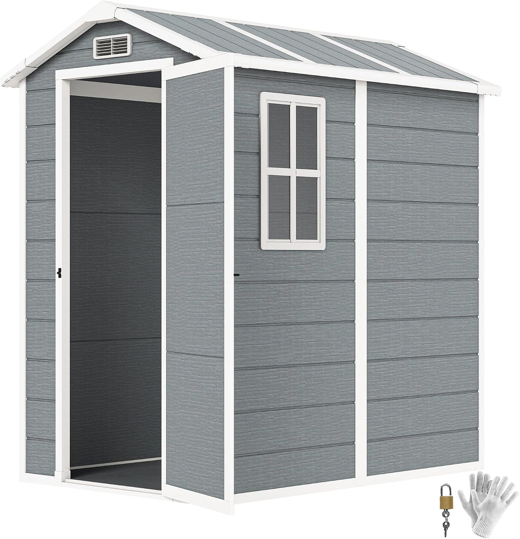 Outsunny 6' x 4' Outdoor Storage Shed, Waterproof Resin Plastic Shed with Floor, Window, Lockable Doors and Vents, All-Weather Garden Tool Shed for Backyard, Patio, Lawn, Gray