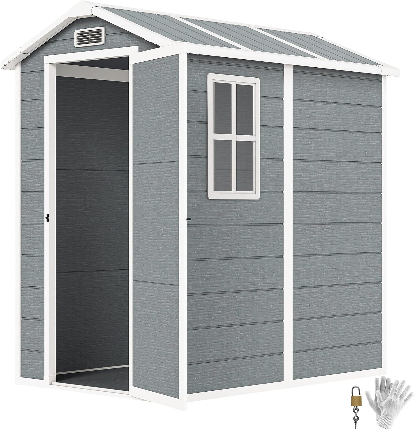 Outsunny 6' x 4' Outdoor Storage Shed, Waterproof Resin Plastic Shed with Floor, Window, Lockable Doors and Vents, All-Weather Garden Tool Shed for Backyard, Patio, Lawn, Gray