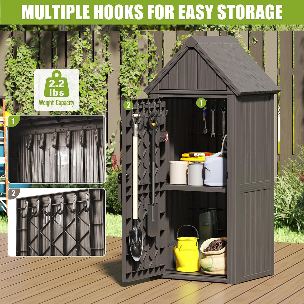 Fancyango Outdoor Resin Storage Shed, Upgrade Sturdy Storage Cabinet with Removable Shelves and Lock Ring, Reinforced Floor, All-Weather Construction for Garden Patio Lawn (Black) (Grey)