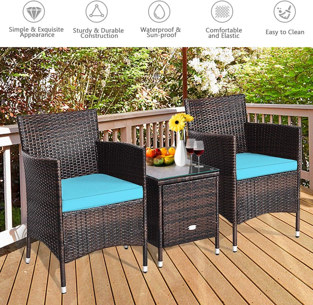 COSTWAY 3 PCS Patio Furniture Set, Outdoor Wicker Conversation Set with Tempered Glass Coffee Table, Seat Cushions, Rattan Wicker Chairs for Poolside Balcony Porch Backyard, Blue