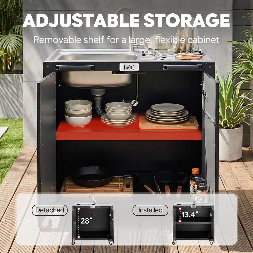 Feasto Outdoor Kitchen Island with Stainless Steel Sink and Storage Cabinet, 35-Inch BBQ Prep Station with Faucet & Lockable Wheels for Patio, Backyard, and Outdoor Cooking, Black & Silver