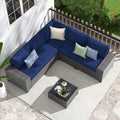 JOIVI 6 Pieces Outdoor Patio Furniture Set, Rattan Patio Sectional Sofa Conversation Set with Coffee Table, PE Wicker L-Shaped Sofa Set with Cushions for Garden, Backyard, Deck, Navy Blue
