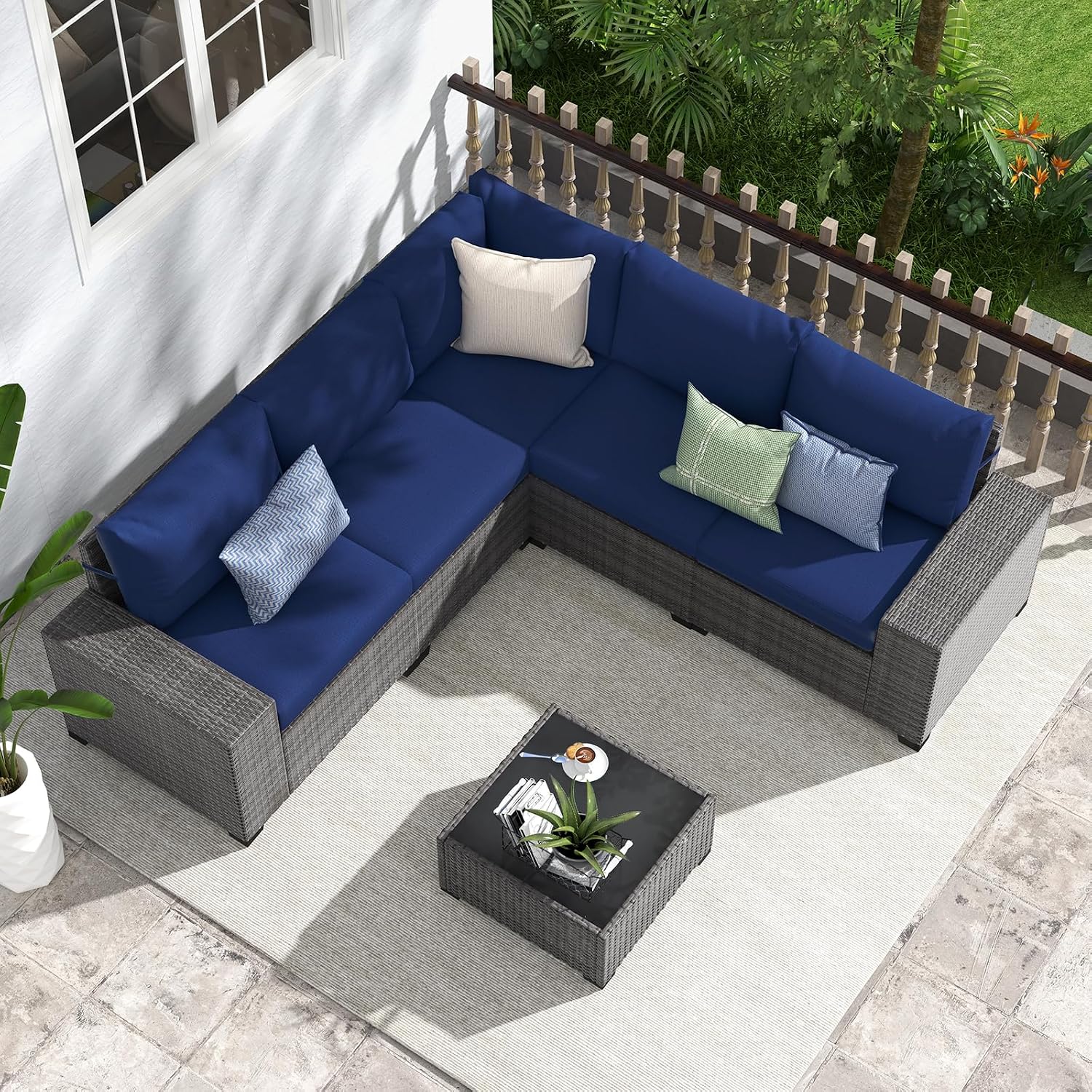 JOIVI 6 Pieces Outdoor Patio Furniture Set, Rattan Patio Sectional Sofa Conversation Set with Coffee Table, PE Wicker L-Shaped Sofa Set with Cushions for Garden, Backyard, Deck, Navy Blue