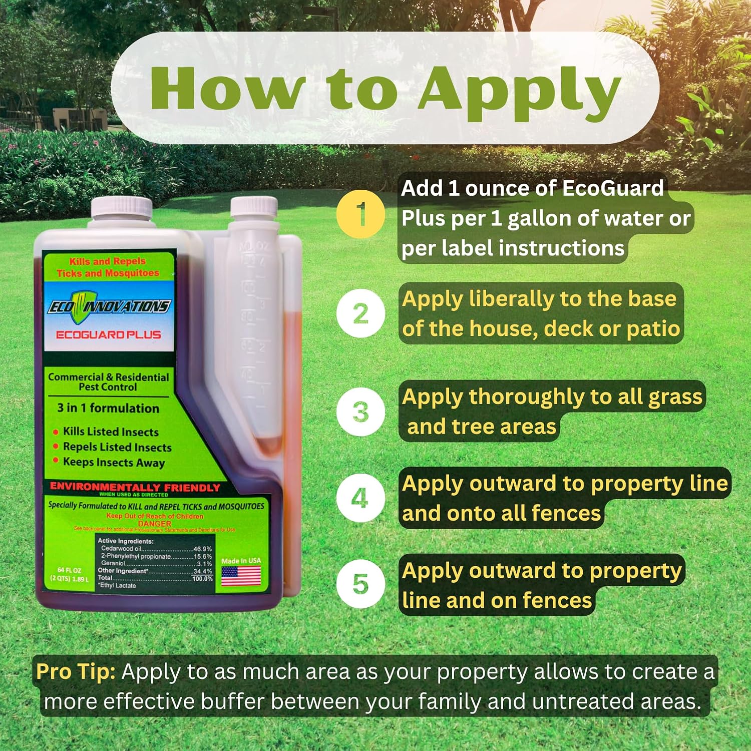 Concentrated Tick Spray for Yard & Mosquito Concentrate Spray. All Natural Insect Repellant. Protects Outdoors. Suitable Insecticide for Kids, Pets, Plants. Easy Application, 64 oz