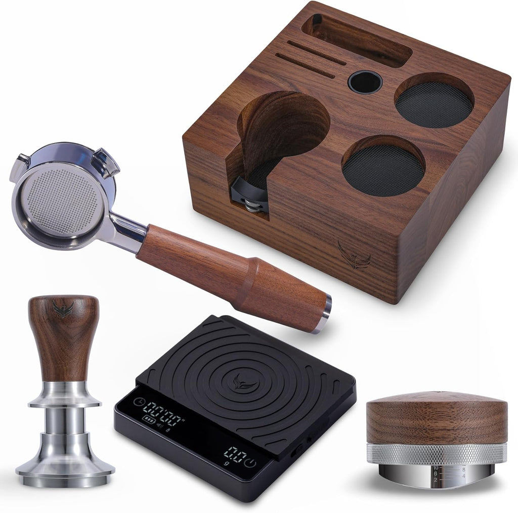 54mm Breville Espresso Machine Accessories Kit – Walnut Bottomless Portafilter, Spring Loaded Calibrated Tamper, Distribution Tool, Tamping Station & Espresso Scale with Timer