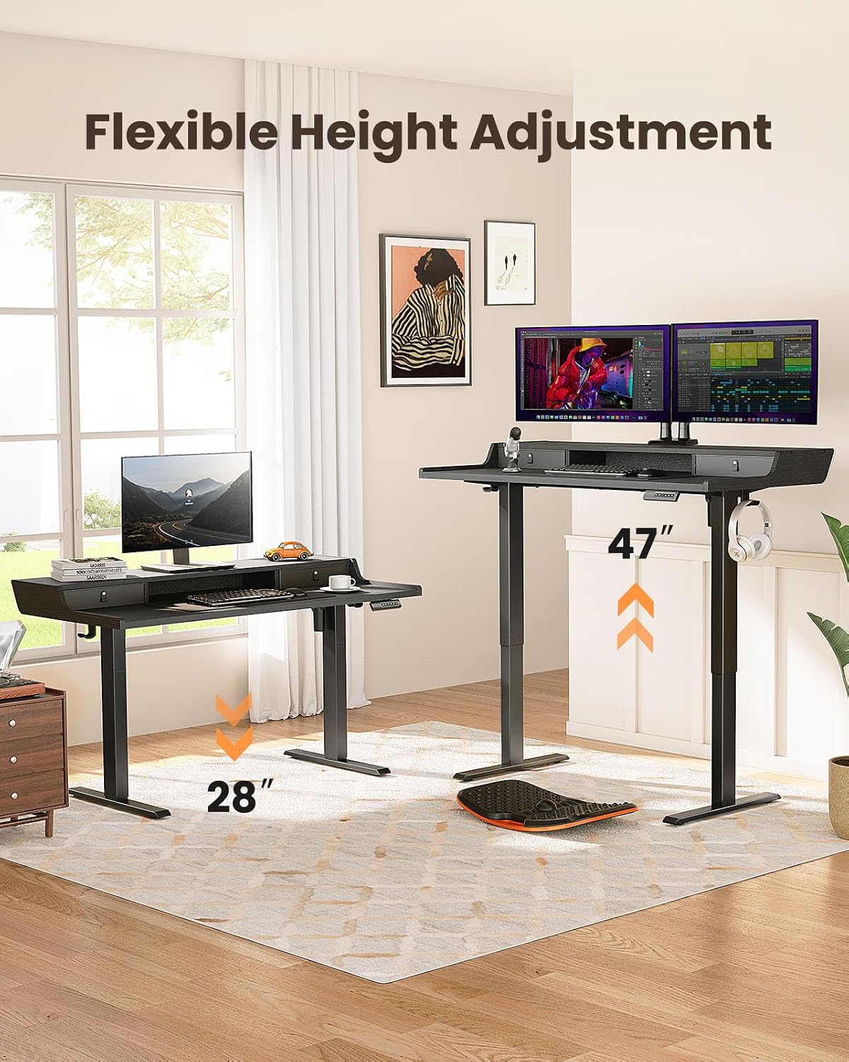 ErGear Electric Standing Desk with Drawers, 48″ x 24″ Gaming Table Compatible Monitor Stand, Stand up Desks, Home Office Height-Adjustable Desk with Storage Shelf, 4 Preset Heights, Black