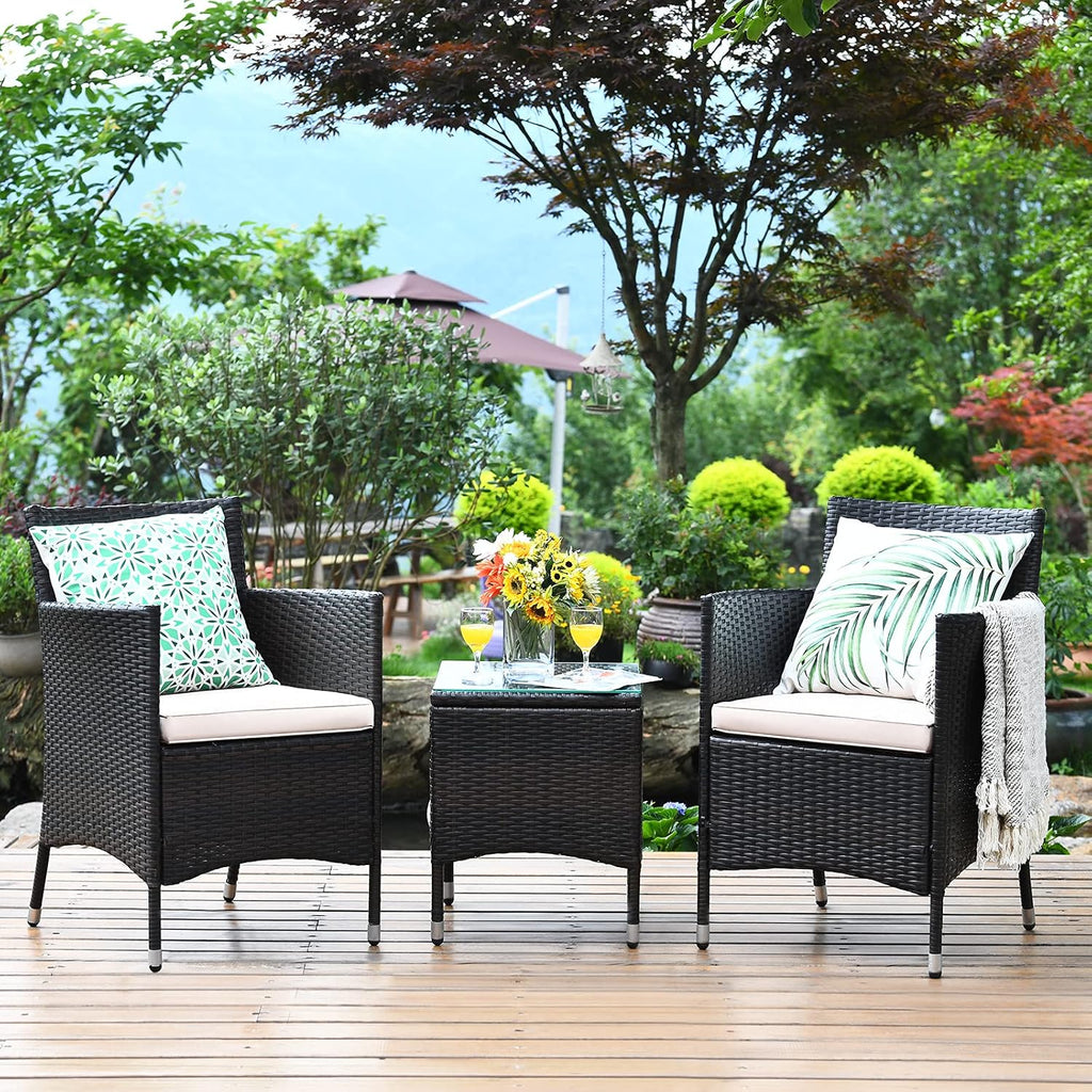COSTWAY 3 PCS Patio Furniture Set, Outdoor Wicker Conversation Set with Tempered Glass Coffee Table, Seat Cushions, Rattan Wicker Chairs for Poolside Balcony Porch Backyard, Beige