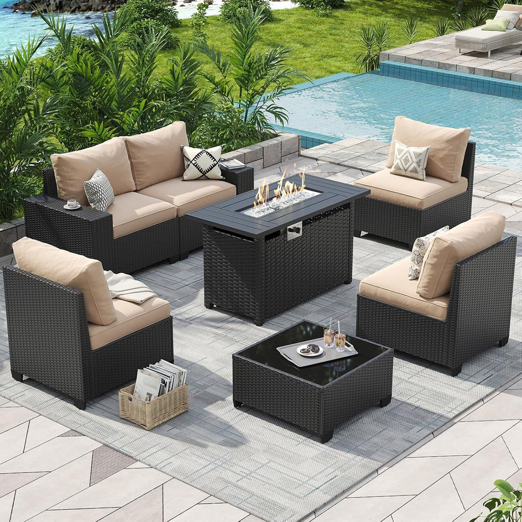 Aoxun Patio Furniture Set with 44'' Fire Pit Table, 7 Pcs Outdoor Patio Furniture Sets with 4in Thicken Cushion, Widen Armrests Wicker Outdoor Sectional for Backyard with Cover and Gas Converter