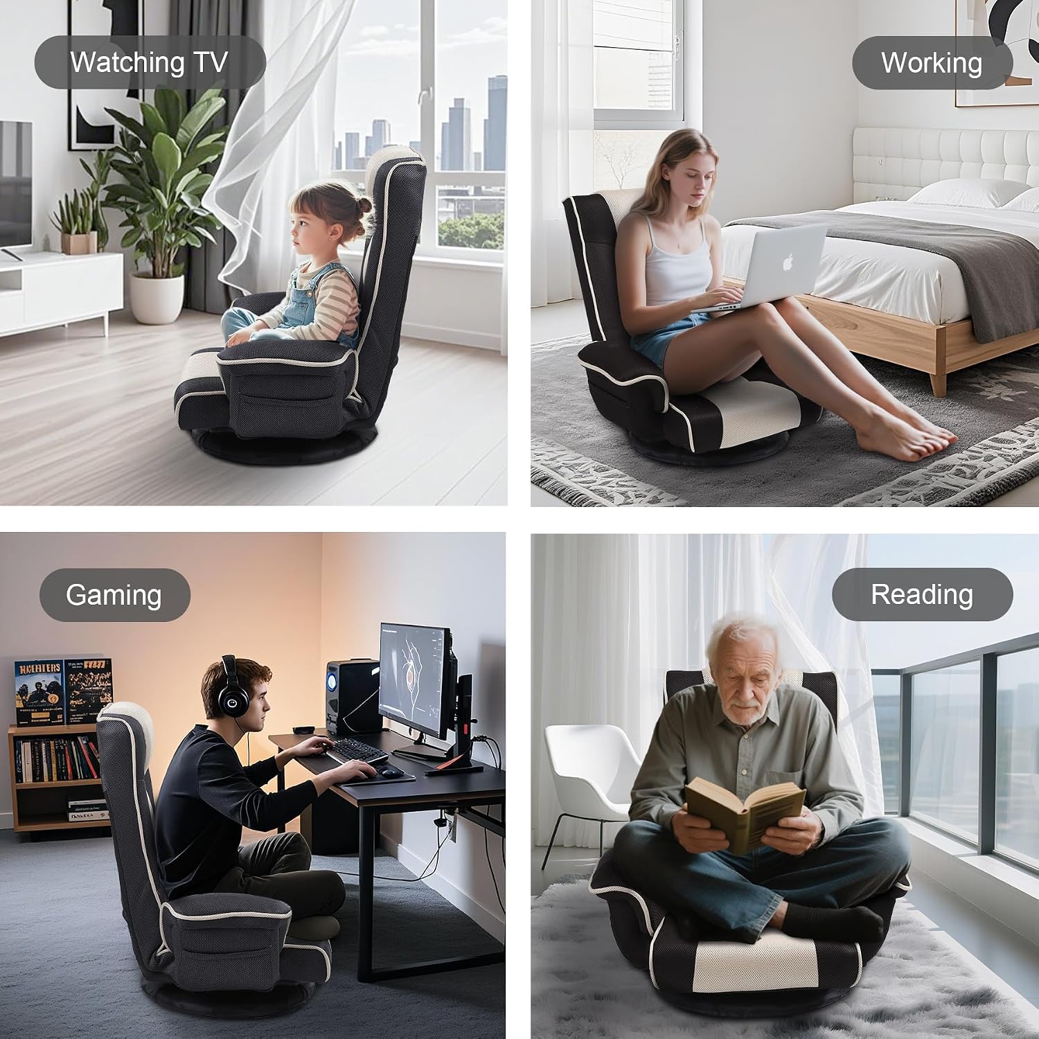Swivel Floor Chairs for Adults, Floor Gaming Chair with Extra Wide Arms, Back Support 14 Angles Adjustable Comfortable Double Mesh Fabric Lazy Sofa for Video Game Chairs 201 (Black+Beige)