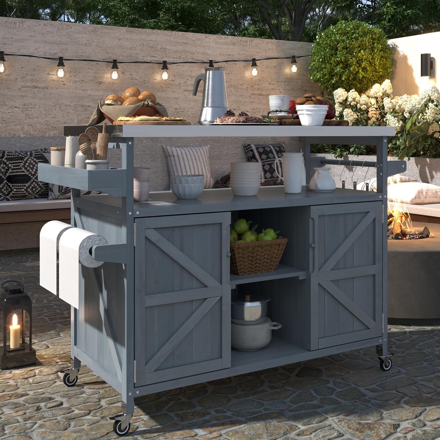 50.25' W Grill Cart with Stainless Steel Tabletop - Outdoor Storage Cabinet for BBQ, Bar Patio Kitchen Island with Ample Storage and Lockable Wheels