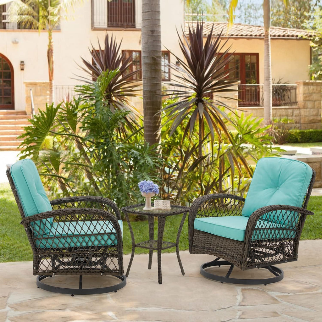 MELLCOM 3 Pieces Patio Furniture Set, Outdoor Swivel Rocker Patio Chairs, Wicker Patio Bistro Set with Rocking Chair, Thickened Cushions and Glass Coffee Table for Backyard, Garden, Peacock Blue