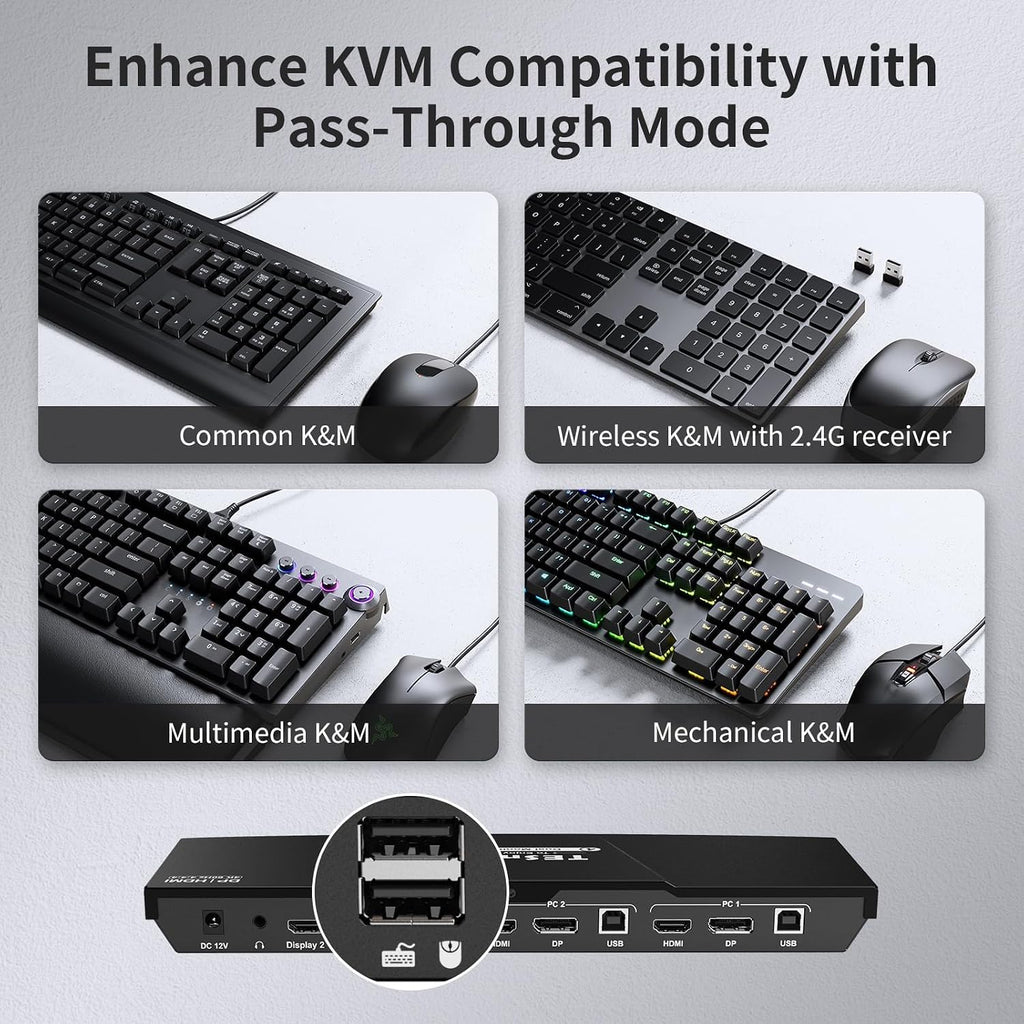 TESmart DisplayPort + HDMI KVM Switch 2 Monitors 2 Computers 4K@60Hz, Dual Monitor KVM Switch 2 Port Extended Display,USB 2.0, EDID Emulators, Hotkey Switch, L/R Audio,Button Switch with Input Cable