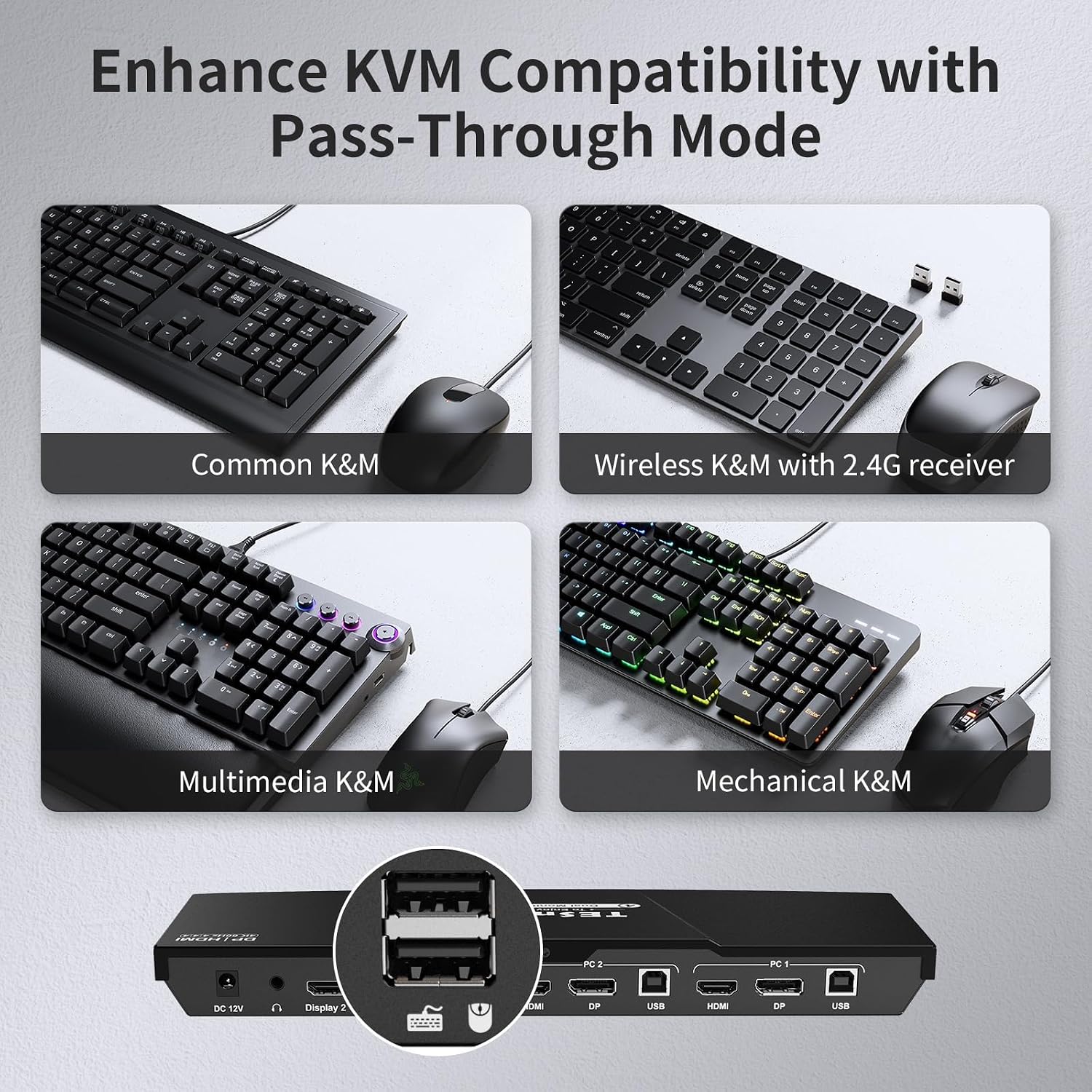 TESmart DisplayPort + HDMI KVM Switch 2 Monitors 2 Computers 4K@60Hz, Dual Monitor KVM Switch 2 Port Extended Display,USB 2.0, EDID Emulators, Hotkey Switch, L/R Audio,Button Switch with Input Cable