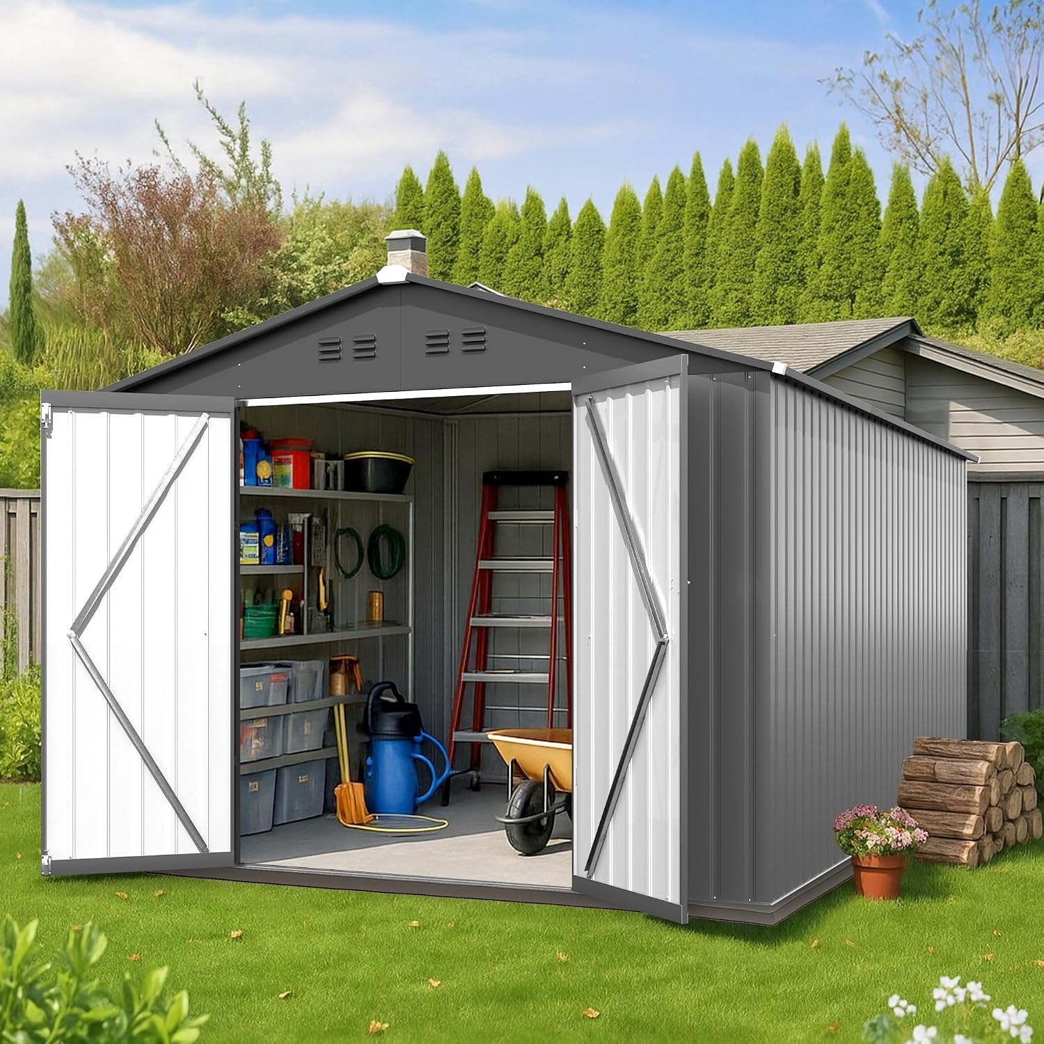 10x12 FT Metal Storage Shed Updated Frame Structure Outdoor Storage Shed Large with Double Lockable Doors, Steel Anti-Corrosion Tool Sheds Waterproof for Backyard, Pool, Patio, Light Gray