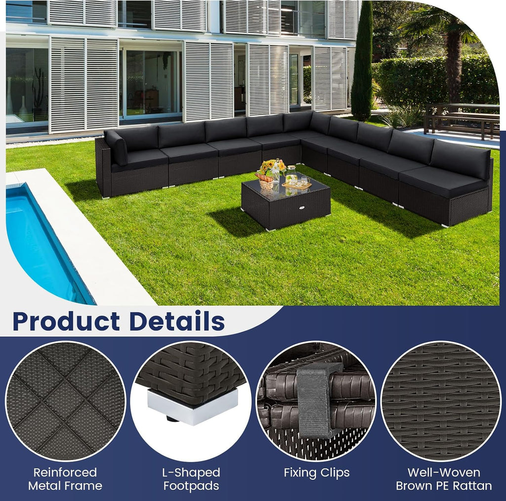 Tangkula 10 Piece Patio Sofa Set, Patiojoy Outdoor Wicker Conversation Set with Seat & Back Cushions, Tempered Glass Tabletop, Sofa Fastener Clips Included, Rattan Furniture Set for Backyard, Poolside