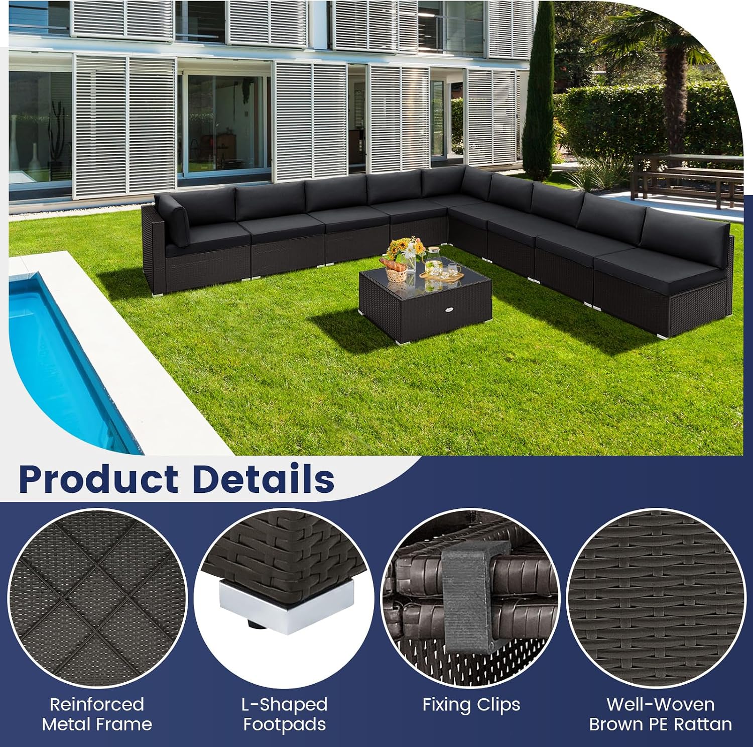 Tangkula 10 Piece Patio Sofa Set, Patiojoy Outdoor Wicker Conversation Set with Seat & Back Cushions, Tempered Glass Tabletop, Sofa Fastener Clips Included, Rattan Furniture Set for Backyard, Poolside