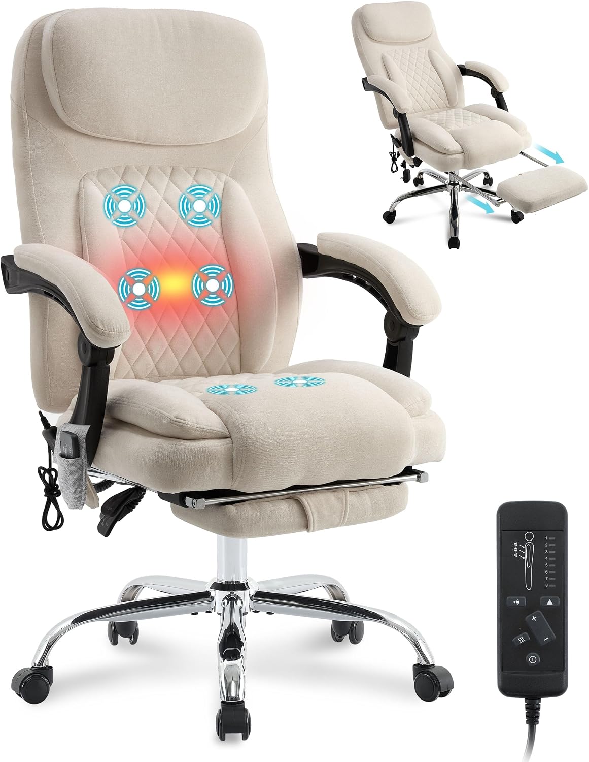 6-Point Massage Office Chair with Heated, Ergonomic Office Chair with Footrest & 45°Reclining High Back, Big and Tall Executive Office Chair 500LBS, Thick Cushion Desk Chair for Home Office, Beige
