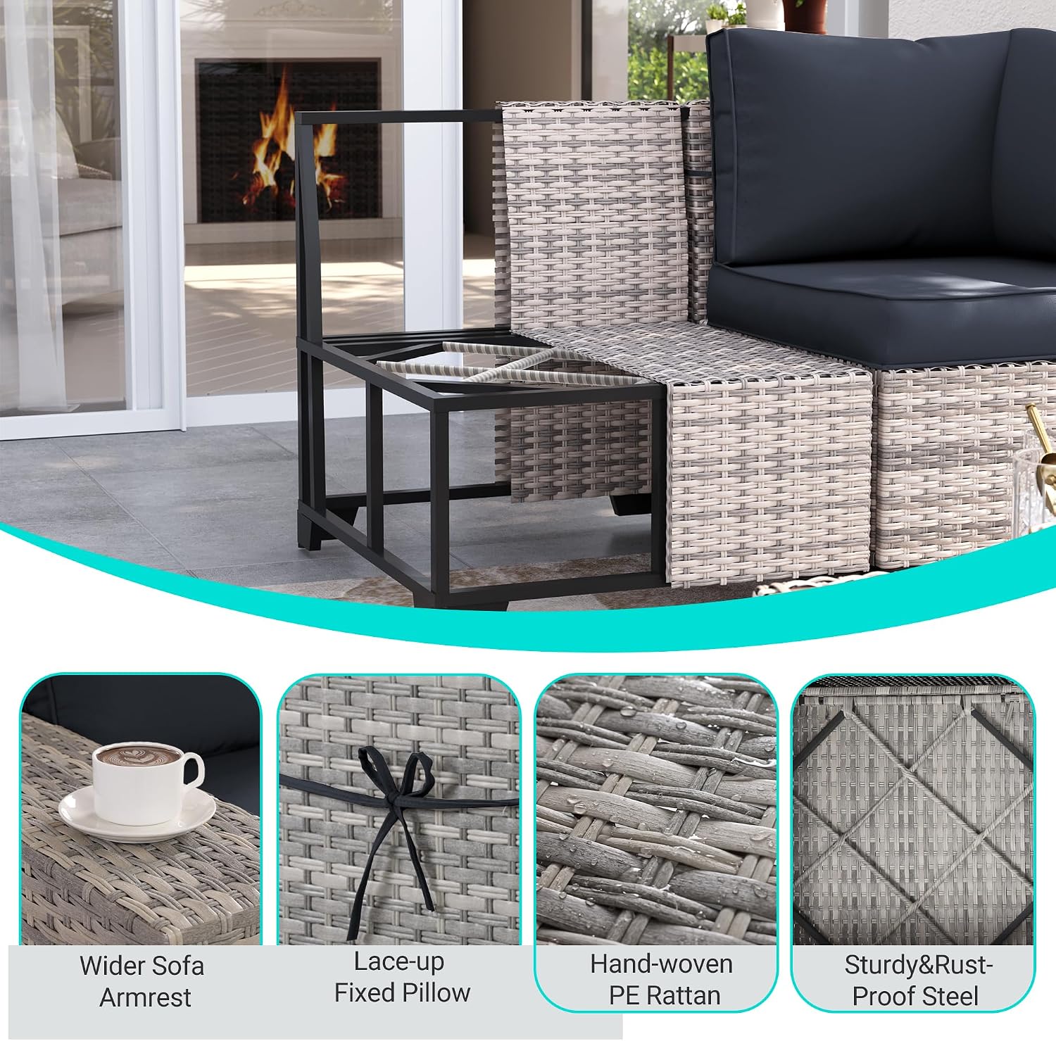 9-Piece Outdoor Patio Furniture Set with Rocking Swivel Chair Wicker Sectional Sofa Set, Patio Conversation Set with Thickened Cushions & Coffee Table for Garden, Backyard, Dark Grey
