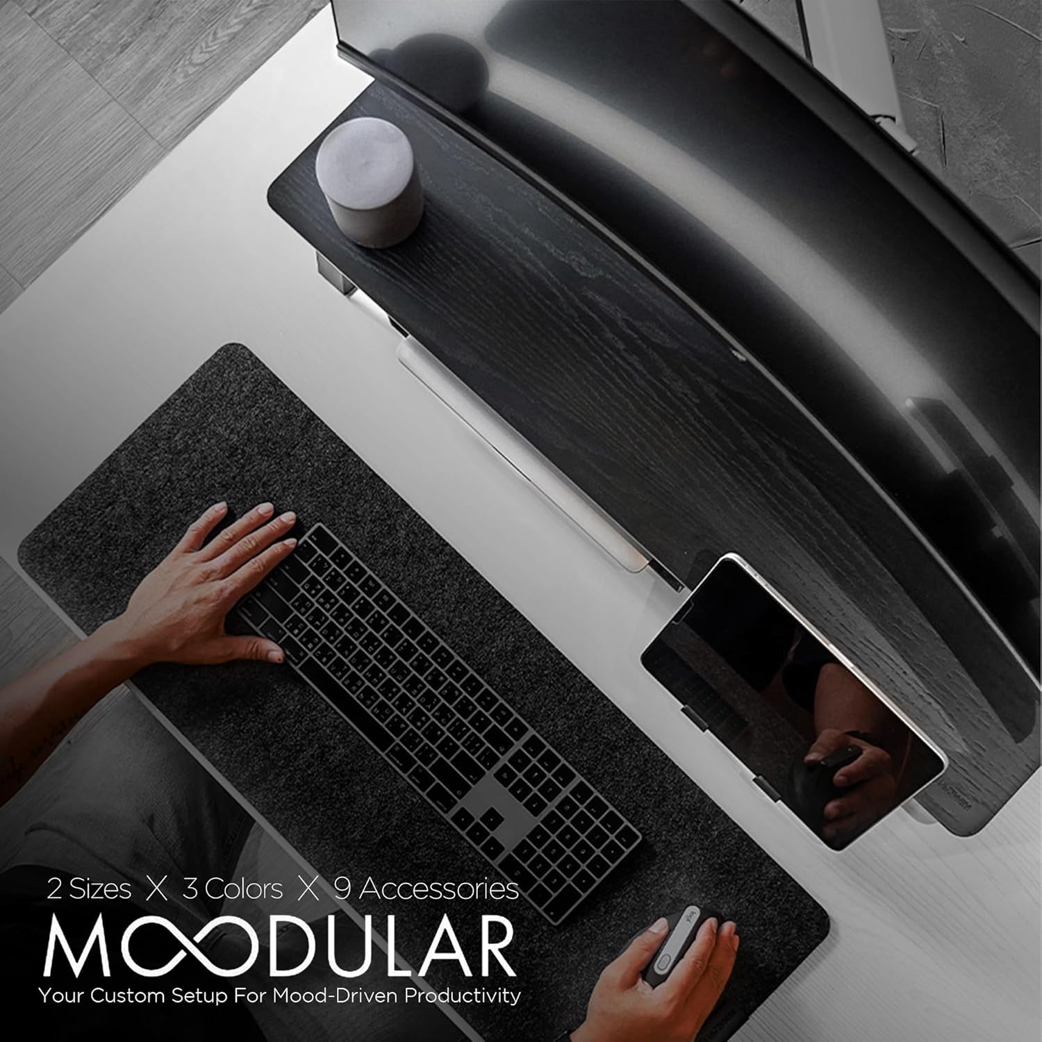 ULTRARM Moodular Wooden Monitor Stand 33.4' (85cm) Desk Organizer with Metal Slide Rails for Drawer, Tray, Laptop, Tablet, Phone & Headphones Customizable Riser for Organized Workspace Black MS85-B