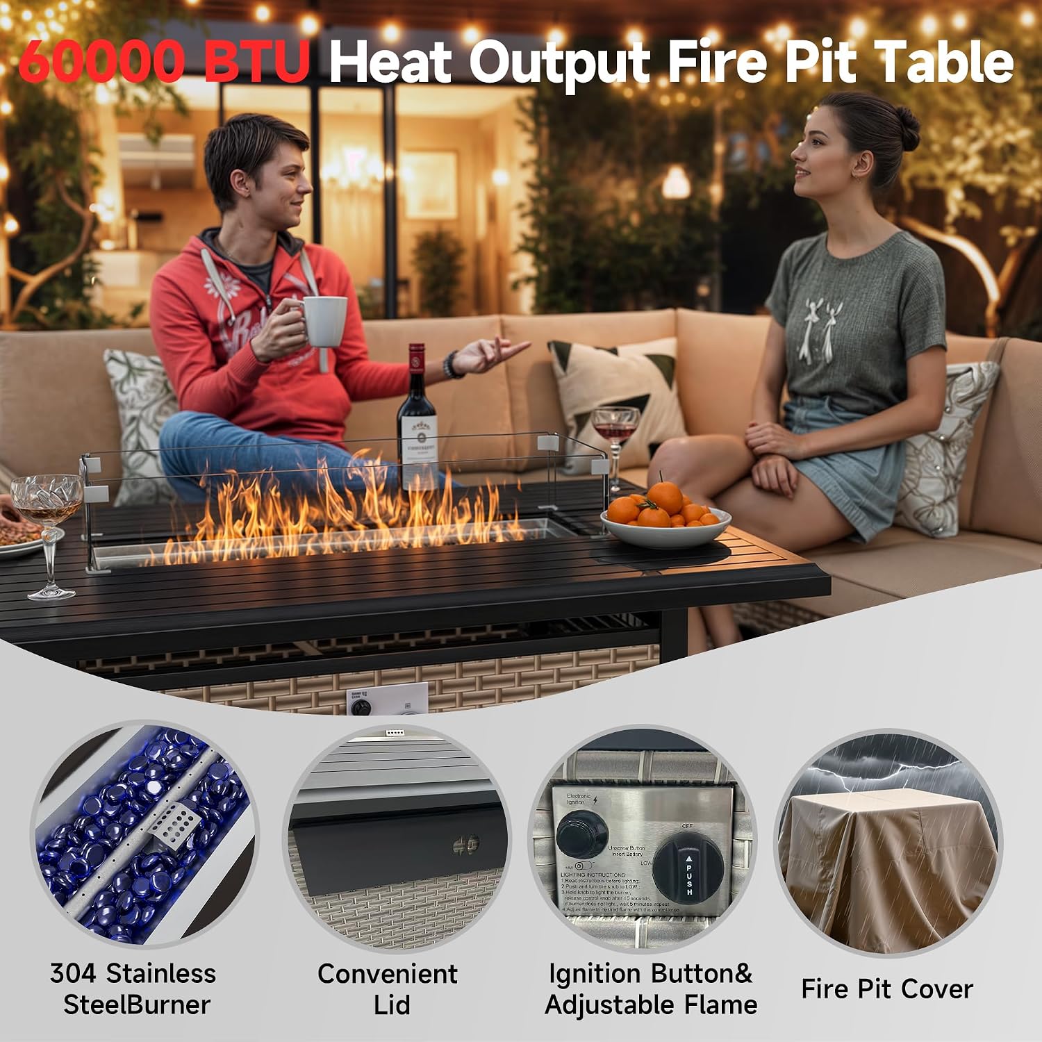 7 Pieces Patio Furniture Set with Fire Pit Table, Outdoor Sectional Wicker Sofa with Thickened Cushions and Coffee Table, High Back Rattan Patio Conversation Sets, Navy