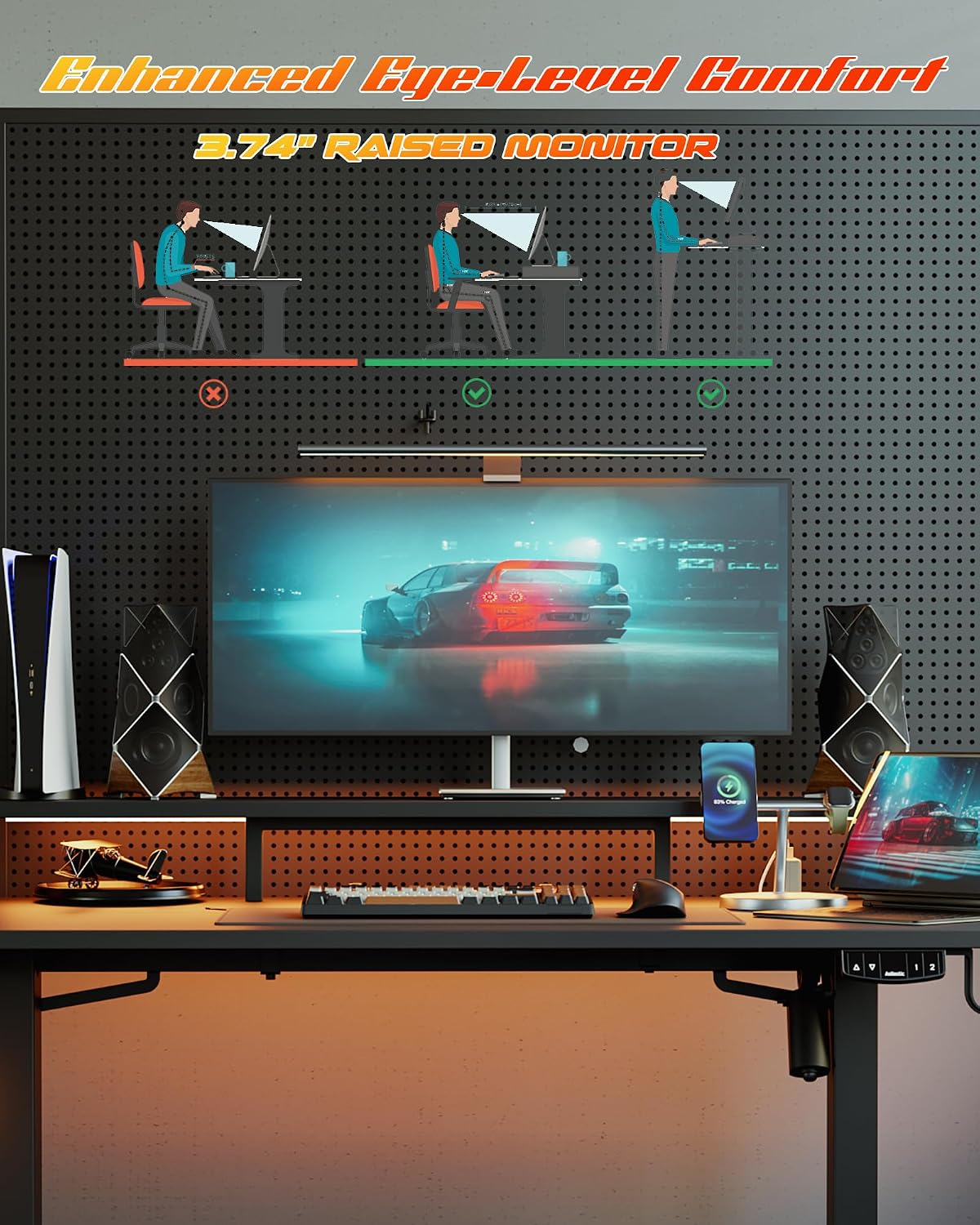 Agilestic 48x24 Inch Electric Standing Desk with Shelf, Height Adjustable Desk with Power Outlets & LED, Sit Stand Up Table with Monitor Stand, Computer Workstation, Black