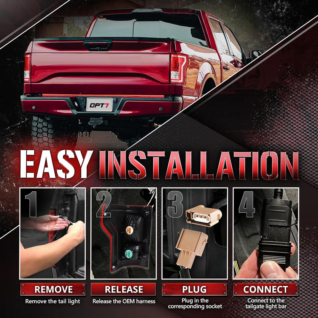 OPT7 Dynamic Taillight for F150 2015-2018 w/o Blind Spot Monitor – Redline 60' Aluminum Rigid 2-Section Triple Row LED Truck Tailgate Light Bar w/Sequential Red Turn + Plug'n'Play Harness