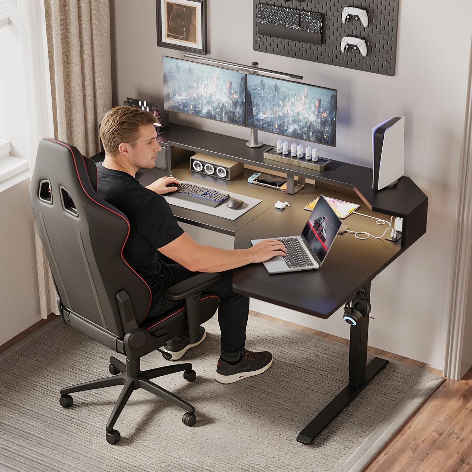 Agilestic 63 Inch L Shaped Electric Standing Desk with Shelf, Height Adjustable Large Desk with Power Outlets & LED, Corner Sit Stand Up Table with Monitor Stand, Computer Workstation, Black