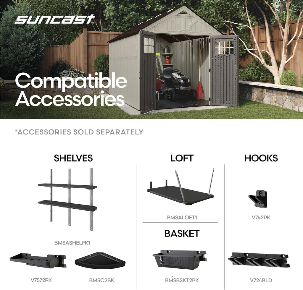 Suncast 8x10 Ft. Outdoor Storage Shed - Large Resin Outdoor Shed with Floor Included, Lockable Double Doors & Skylights. 547 Cu Ft Tremont Garden Resin Sheds for Lawn Tools, Riding Mowers, & Bikes
