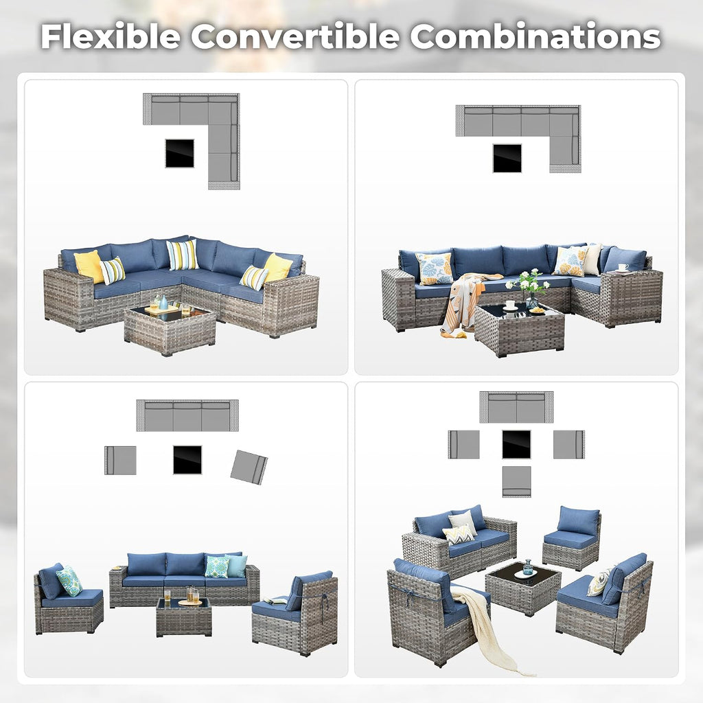 ovios 6 Pieces Patio Furniture Set, Outdoor Wicker Sectional Sofa with Coffee Table Comfy Cushions, Modern Modular Deep Seat Couch Rattan Conversation Set, Denim Blue