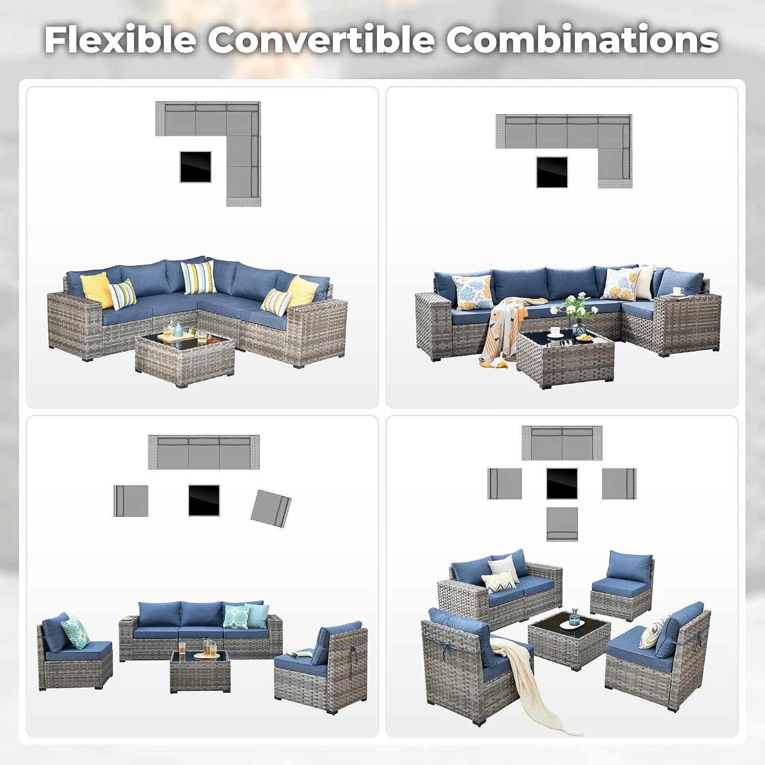 ovios 6 Pieces Patio Furniture Set, Outdoor Wicker Sectional Sofa with Coffee Table Comfy Cushions, Modern Modular Deep Seat Couch Rattan Conversation Set, Denim Blue