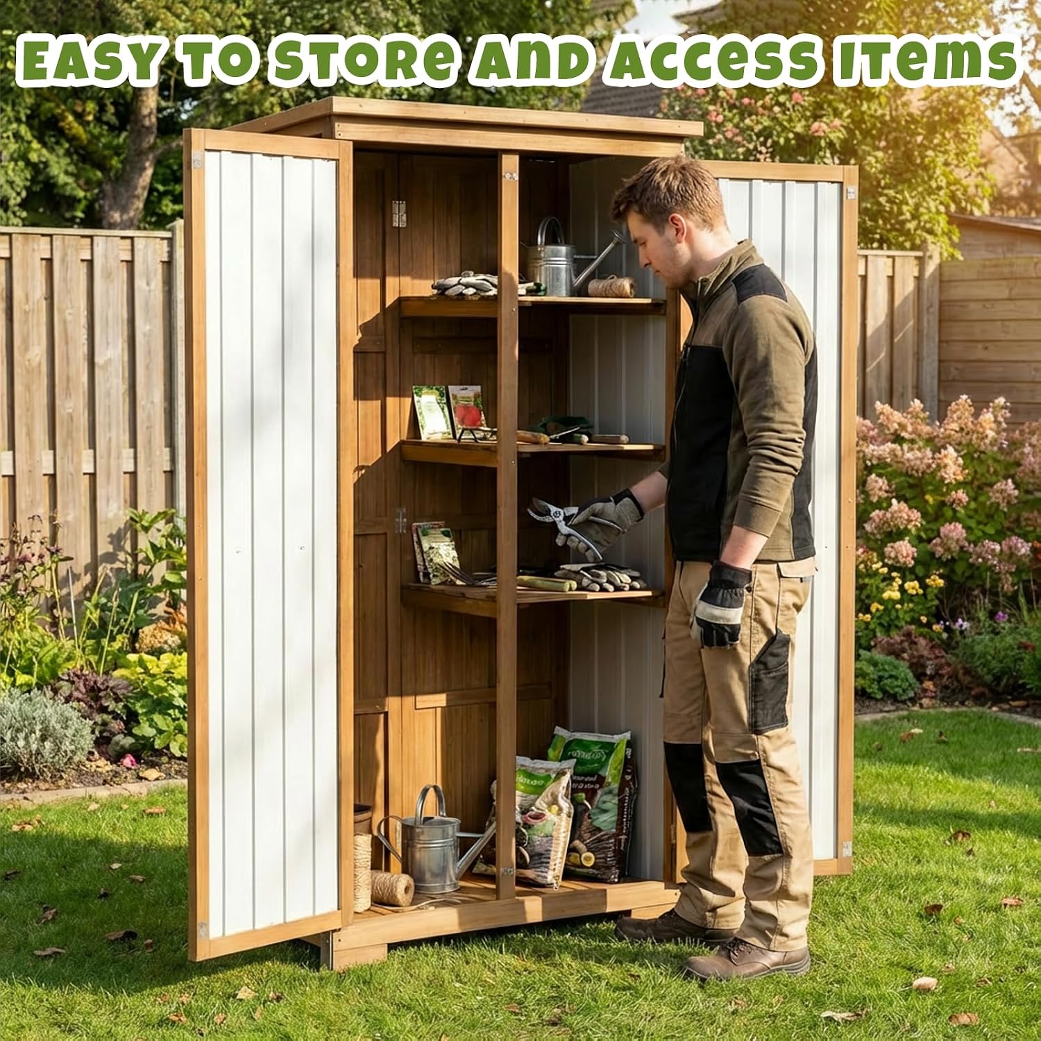 Outdoor Storage Cabinet,Wood & Metal Storage Shed with Adjustable Shelves & Lockable Doors,Vertical Outdoor Cabinets for Backyard Patio, Gardening Tools and Accessories,Brown