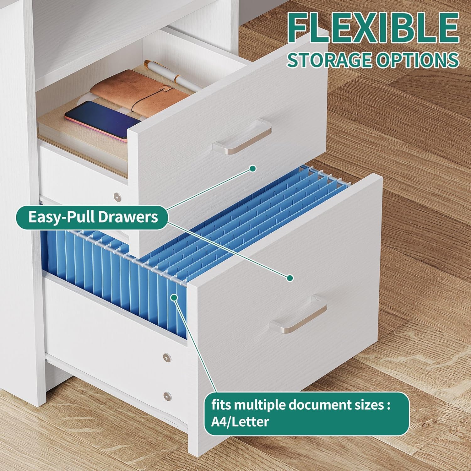 DWVO Office Desk with Drawers, 47' Computer Desk with Power Outlets & LED Light, Home Office Desk with Storage & Monitor Stand, White