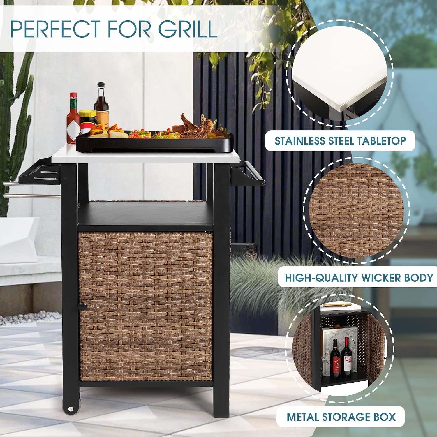 Wicker Grill Cart with Wheels, Outdoor Prep Table with Storage and Rolling Wheels, Samll Kitchen Island Serving Cart with Stainless Steel Table Top for BBQ, Porch, Patio, Brown