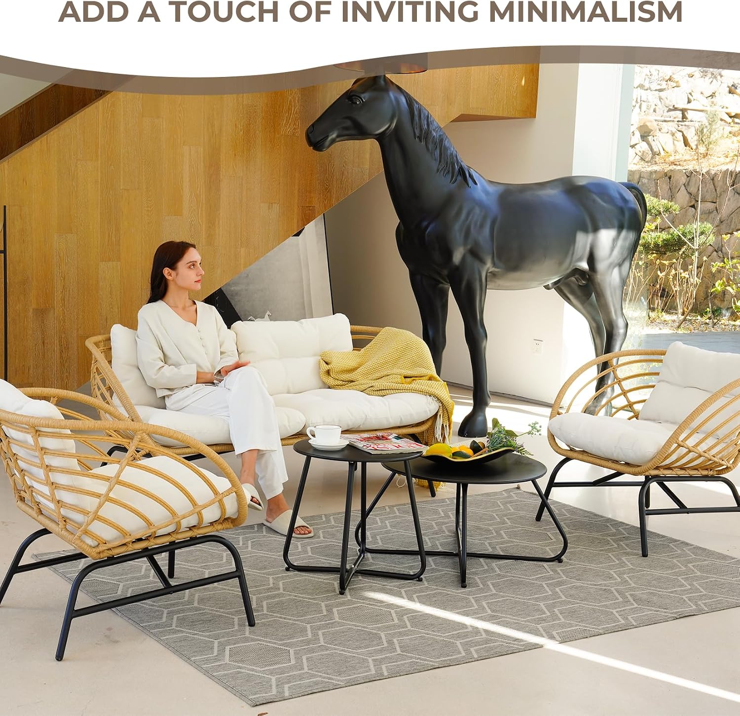 Grand patio Patio Furniture Set, Outdoor Wicker Patio Conversation Seating Chair with Cushions and Coffee Table, Boho Seating Chat Set for Indoor Outdoor, Balcony, Porch, Garden, Deck