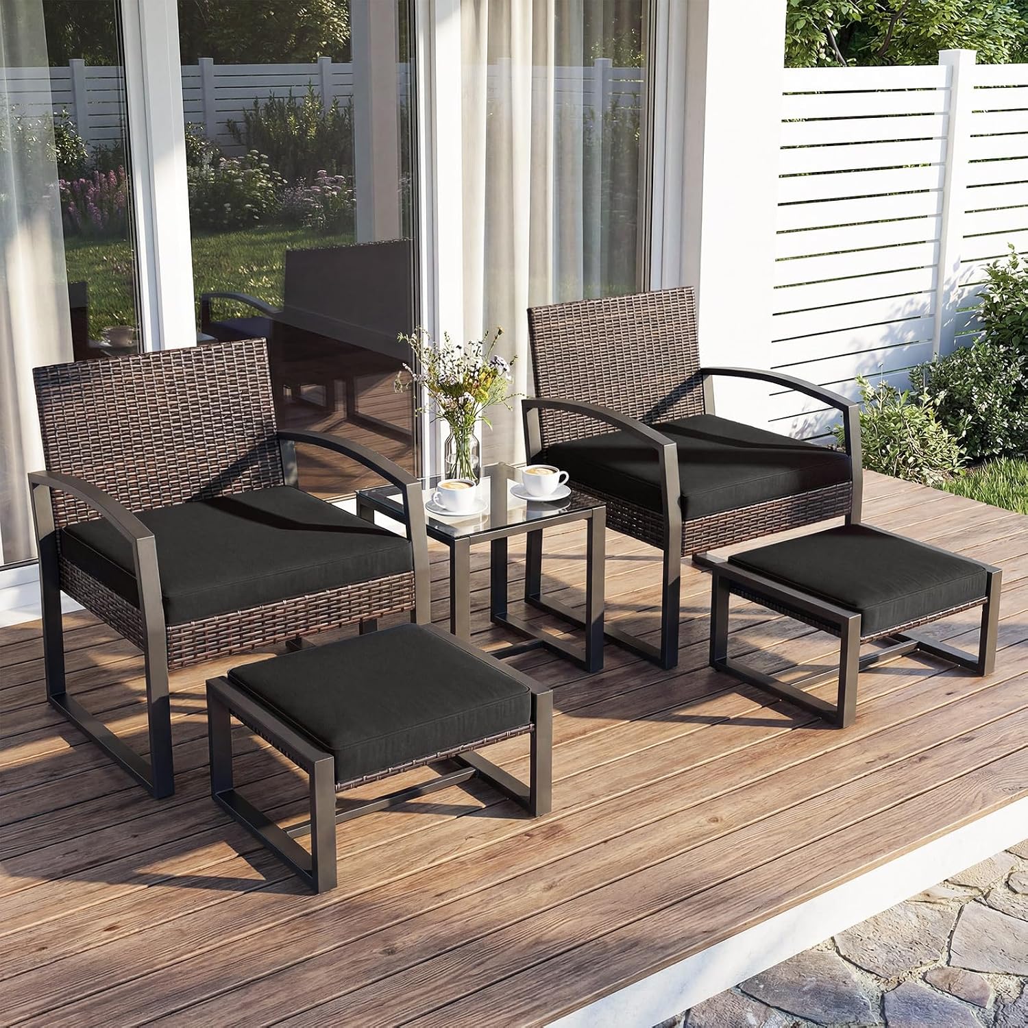 Tangkula 5 Pieces Wicker Patio Conversation Set, Outdoor PE Rattan Chair with Ottoman Set with Glass Side Table, 2-Person Small Balcony Furniture Seating Set with Cushions for Porch, Backyard, Deck