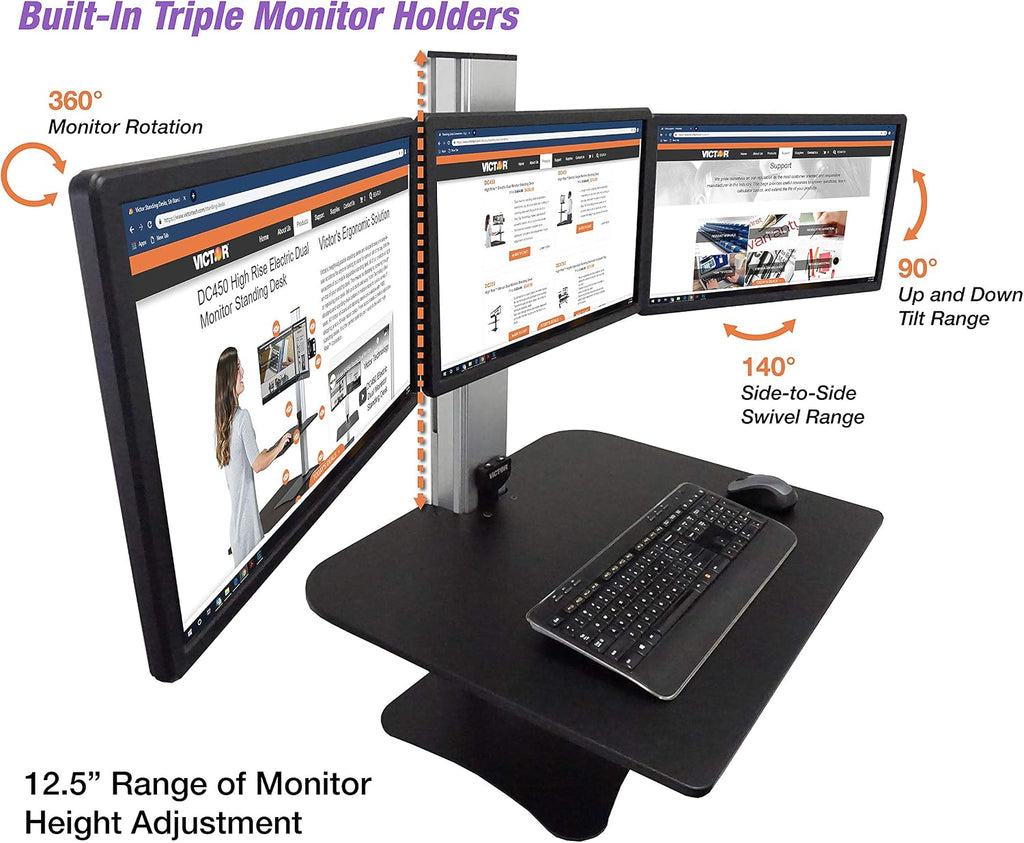 Victor DC475 High Rise Electric Triple Monitor Standing Desk Converter | Three Large Monitor Sit-Stand Desk | 28' Wide Work Surface | Compatible with Any Standard Desk | Adjustable Monitor Holder