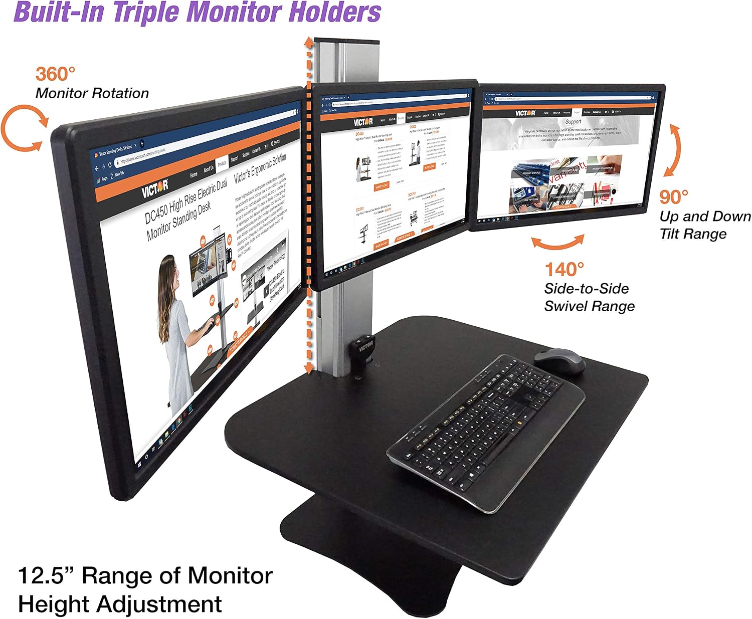 Victor DC475 High Rise Electric Triple Monitor Standing Desk Converter | Three Large Monitor Sit-Stand Desk | 28' Wide Work Surface | Compatible with Any Standard Desk | Adjustable Monitor Holder