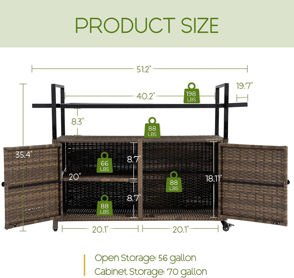 Wicker Outdoor Bar Cart - Brown Patio Console Table Buffet Storage Cabinet Serving Kitchen Cart with Wheels for Outside Backyard