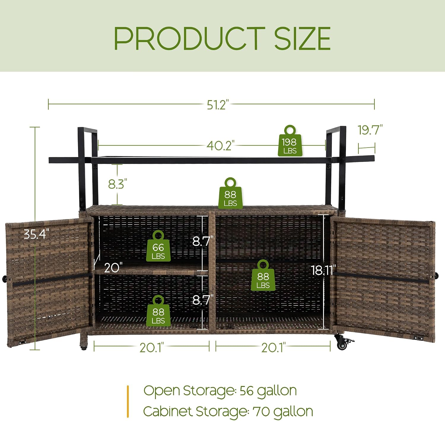 Wicker Outdoor Bar Cart - Brown Patio Console Table Buffet Storage Cabinet Serving Kitchen Cart with Wheels for Outside Backyard