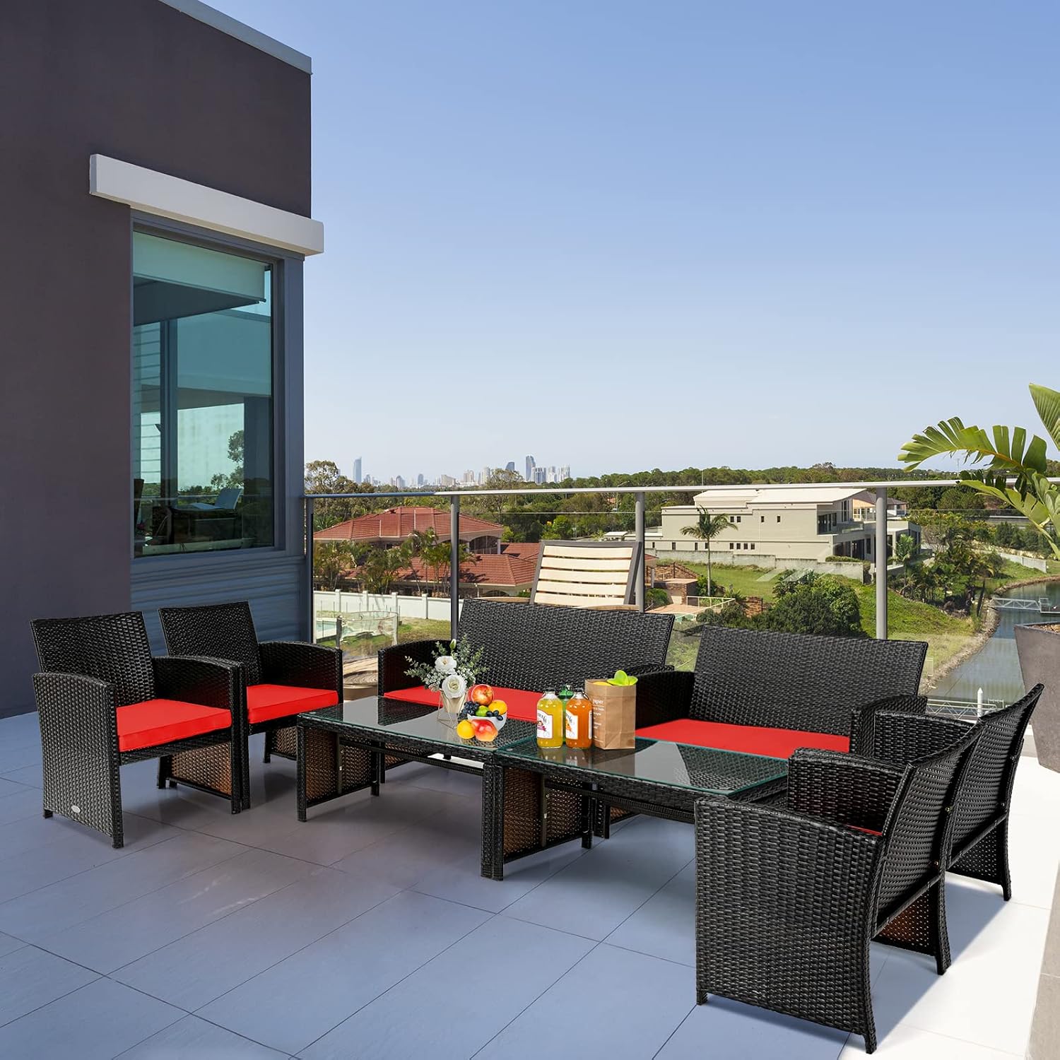 Tangkula 8 Pieces Rattan Furniture Set, Outdoor Conversation Set w/Chair & Loveseat & Tempered Glass Coffee Table, Suitable for Garden, Backyard, Poolside, Patio Furniture Set for 8 (2, Red)