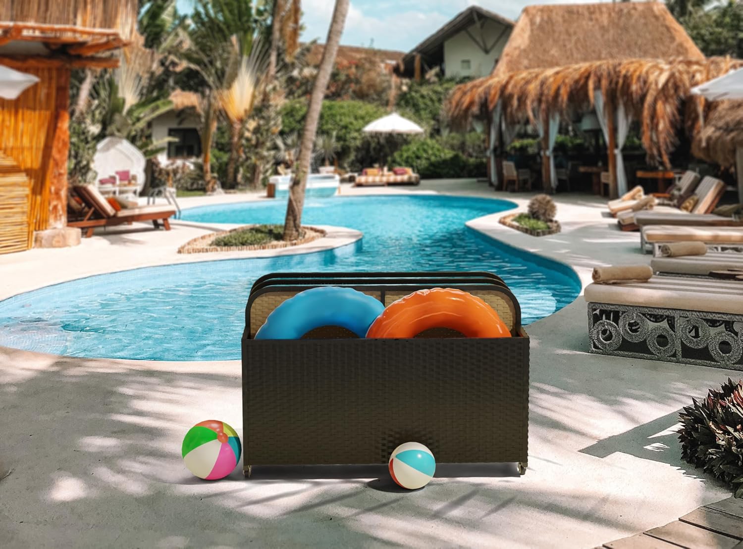 EUNHOO Rolling Poolside Float Storage, Pool Storage Bin, Outdoor Storage Organizer PE Rattan Pool Towel Rack for Floaties, Pool Accessories and Patio furniture Black