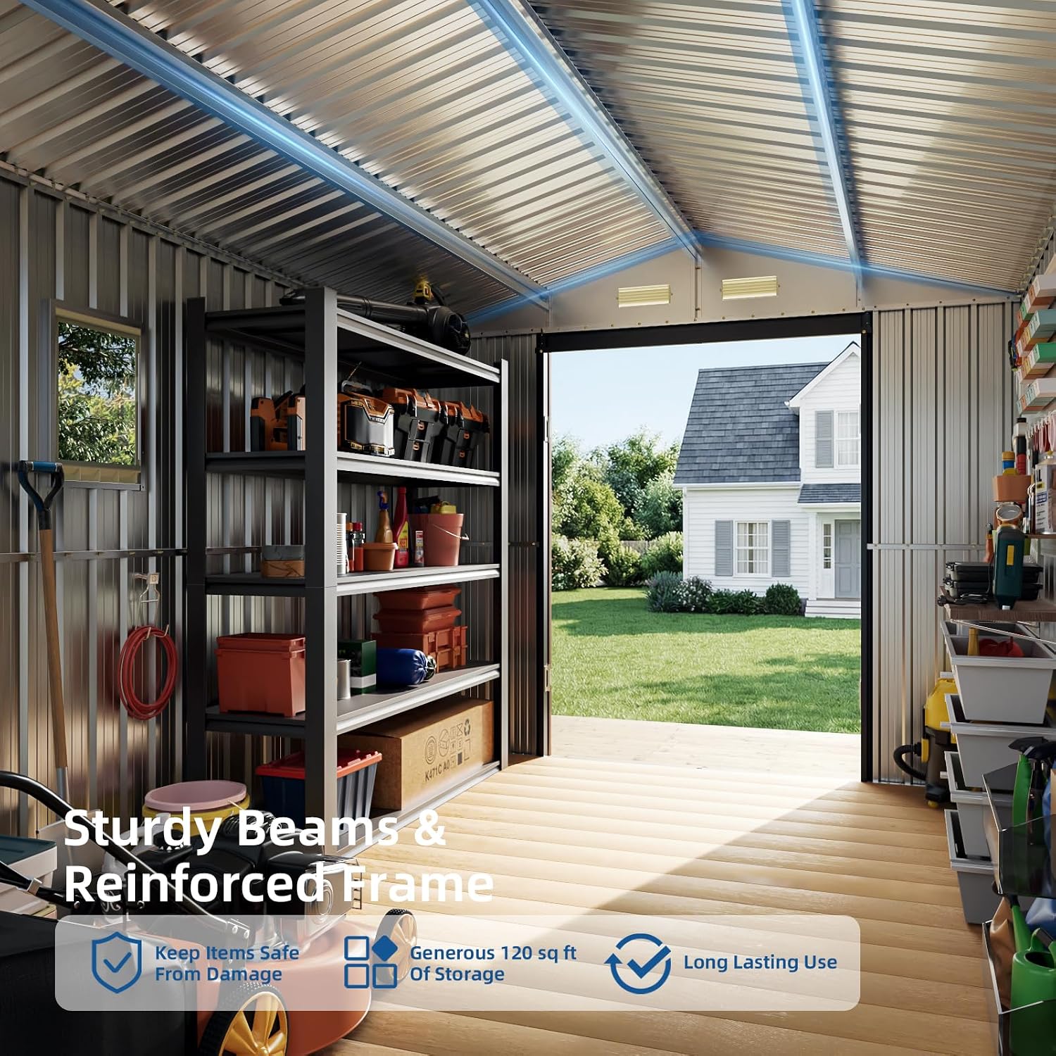 8x10 FT Outdoor Storage Shed, Metal Garden Shed with Updated Frame Structure, Lockable Door and Window, Large Tool Shed for Backyard, Patio, Lawn, Utility & Bike Storage