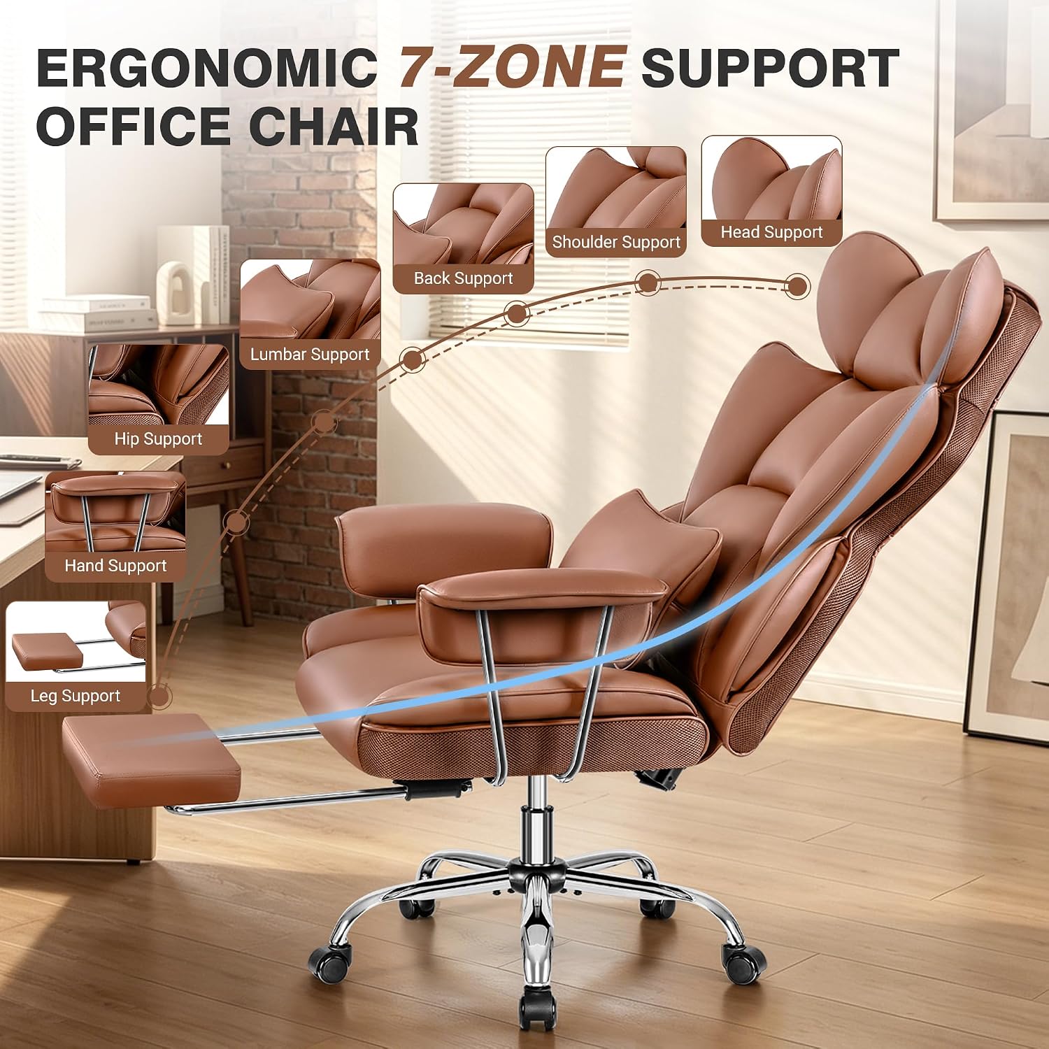 ALLGOD Office Chair Comfy, Big and Tall Executive Leather Chair, High Back Ergonomic Wide Chair with Footrest, Reclining Computer Desk Chair, Heavy Duty Gaming Chair with Padded Arm and Pillow, Brown