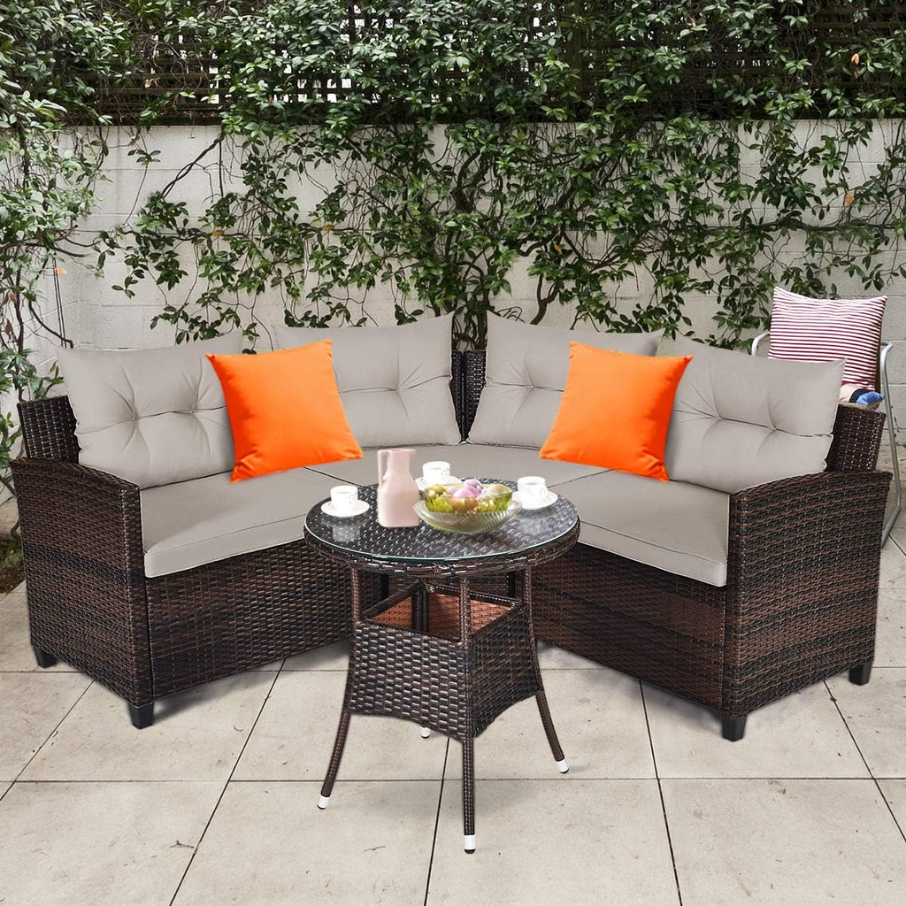 HAPPYGRILL 4 Pieces Rattan Patio Conversation Set, Outdoor Wicker Furniture Set with Cushioned Sofas and Coffee Table, L-Shape Sectional Curved Sofa Set for Garden Poolside Balcony