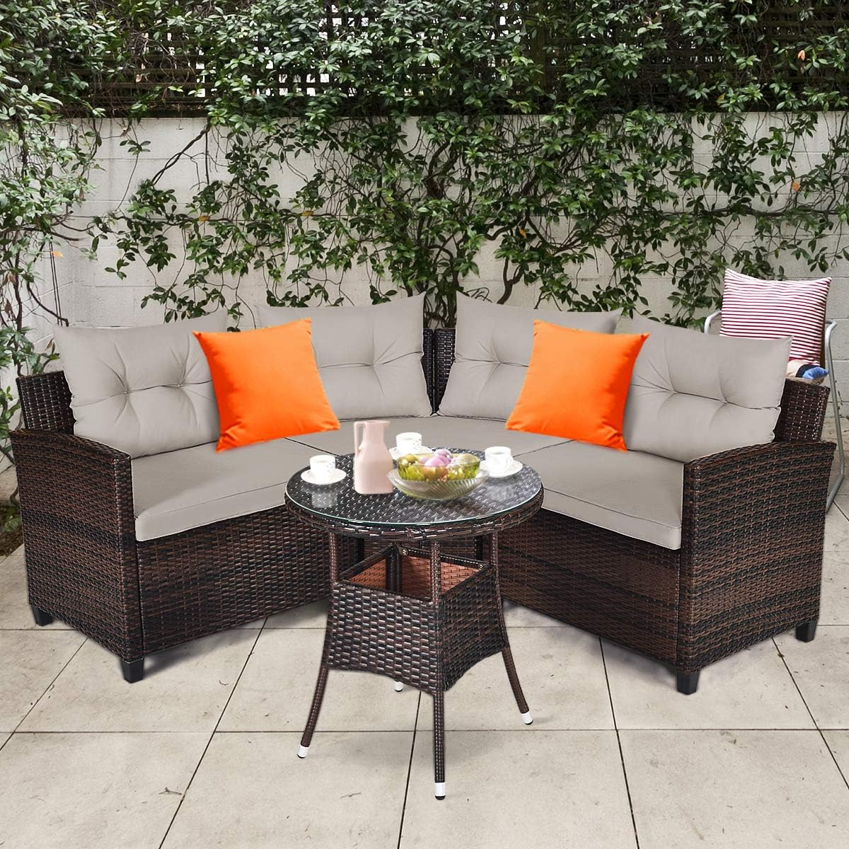 HAPPYGRILL 4 Pieces Rattan Patio Conversation Set, Outdoor Wicker Furniture Set with Cushioned Sofas and Coffee Table, L-Shape Sectional Curved Sofa Set for Garden Poolside Balcony