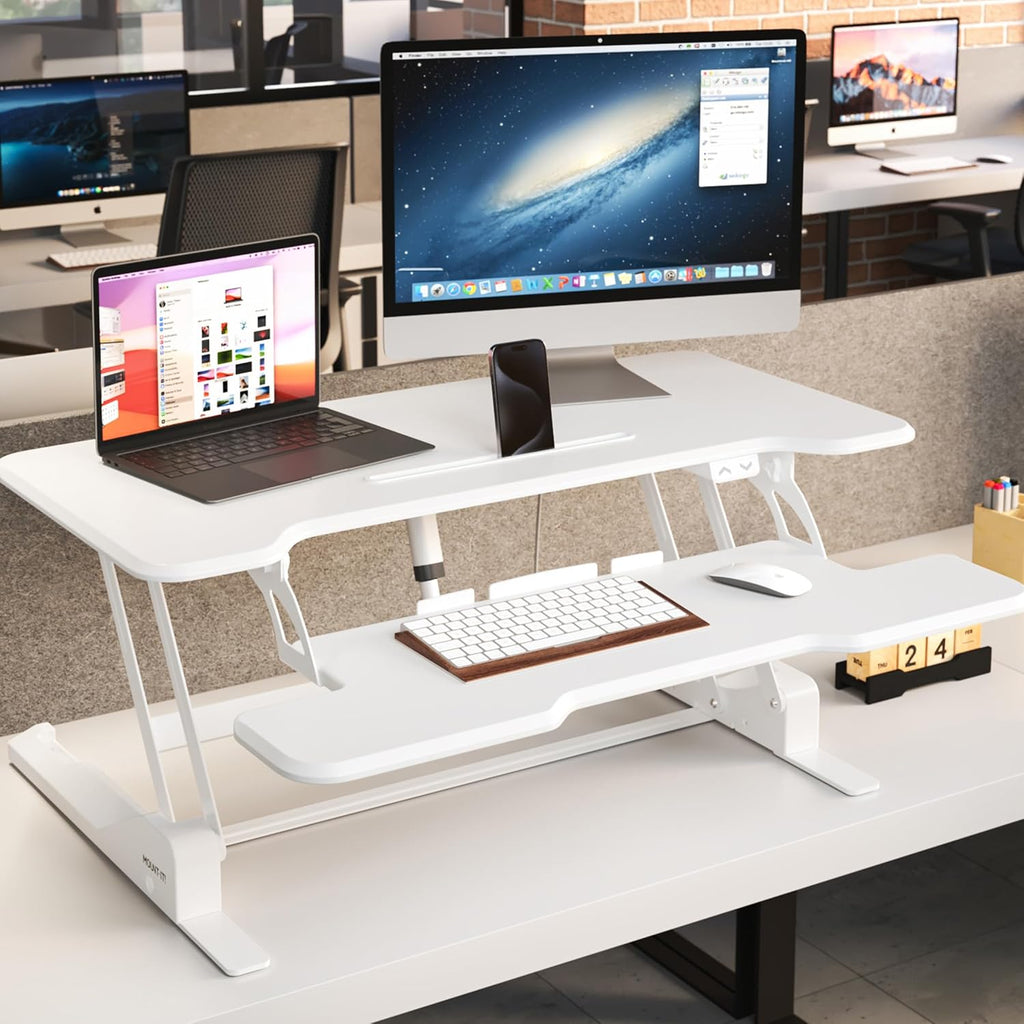 Mount-It! Electric Standing Desk Converter White 38 Inch Wide Tabletop, Stand up Desk Riser, Height Adjustable Sit Stand Desk, Fits Dual Monitors, Keyboard Tray, Device Slot, Monitor & Laptop