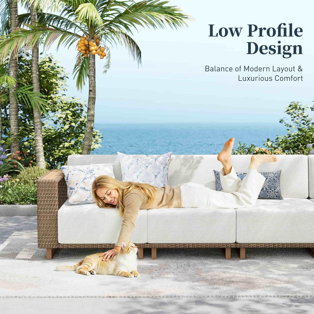 SUNSHINE VALLEY Patio Furniture Set, Sectional Outdoor Conversation Sets with Fire Pit & 10' Thick Cushions, 5 Pieces L Shaped Modular Yellow Rattan Wicker Sofa, Low Profile Lawn Garden Couch Set