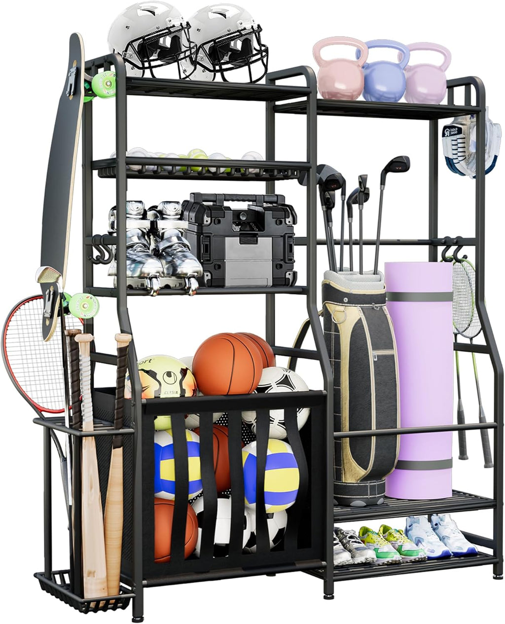Faesun Garage Sports Equipment Organizer, Golf Bag Storage Rack, Heavy Duty Ball Holder with Basket & Hooks, Indoor/Outdoor Basketball Storage Bins for Toy Sports Gear Storage